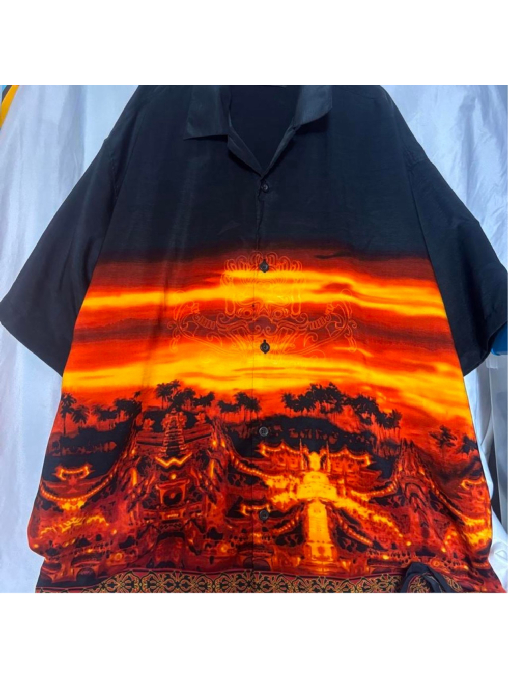 No Boundaries Mens Shirt Black Y2K Red Orange Yellow Flames City Button Up XXL